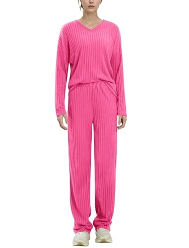 Image of EFOGEP Womens Pajama Sets 2PCS Long Sleeve Ribbed Knit V Neck Pullover Top Sweater and Wide Leg Trousers Pjs Tracksuit Lounge Wear Sleepwear Homewear Fall Winter Warm Clothes with Pockets Hot Pink XL