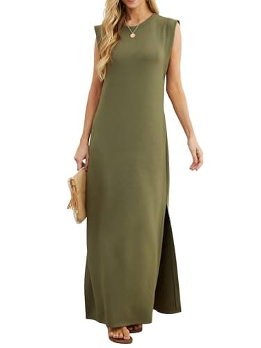 Image of GRECERELLE Womens Summer Maxi Dress Casual Shirt Dresses Elegant Styles Basic Sleeveless Maxi Dresses for Women UK with Split and Pockets (Army Green, M)