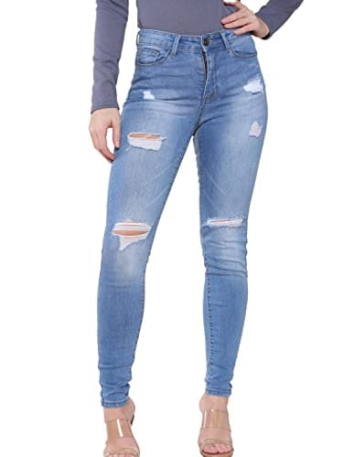 Image of 989Zé ENZO EZL417 Womens Jeans Skinny Stretch Ripped Trousers Ladies Denim Slim Fit Pants with Rips Waist Sizes UK 8-20 (10, Light Blue)