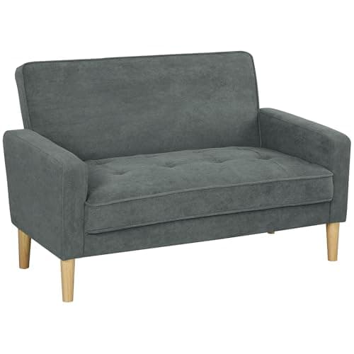 Image of HOMCOM 2 Seater Sofa, Modern Velvet-Feel Sofa with Rubber Wood Legs, Upholstered Tufted Loveseat for Small Space, Living Room, Bedroom, Home Office, Grey