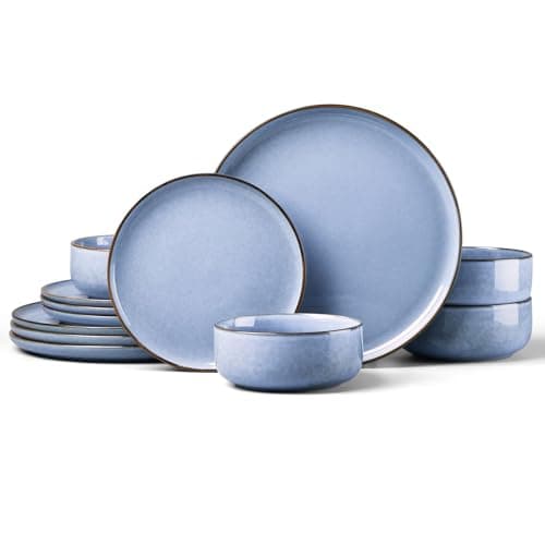 Image of HaWare 12 Piece Dinner Set, Stoneware Dinnerware Set for 4, Reactive Glaze Dining Ware Include Plates and Bowls, Chip and Scratch Resistant, Microwave & Dishwasher Safe, Myosotis Blue