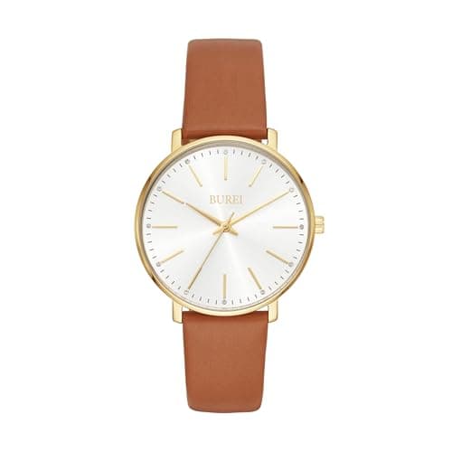 Image of BUREI Watches Ladies Fashion Simple Analog Leather Quartz Waterproof Ladies Watches, White-Gold-Brown, Strap
