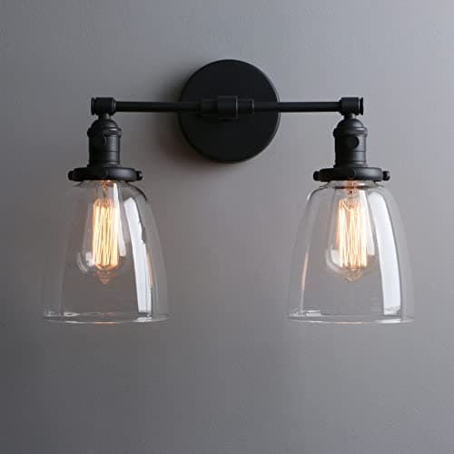Image of Phansthy Industrial Wall Lights Fitting with Oval Glass Shade 2 Lights Vintage Hallway Wall Lamps E27 Base Indoor Kitchen Wall Sconces Retro Light Fixtures for Bedroom Vanity Mirror (Black)