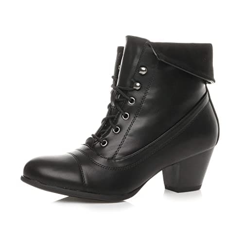 Image of Ajvani Womens Ladies mid Heel lace up Vintage Fur Cuff Pixie Ankle Boots, Black Matte, 4 UK