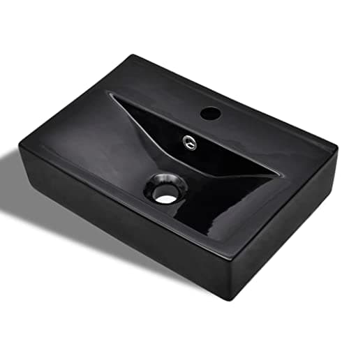 Image of vidaXL Premium Ceramic Black Rectangular Bathroom Sink Basin with Overflow and Faucet Hole - Adaptable Installation, Undermount or Wall-Hung