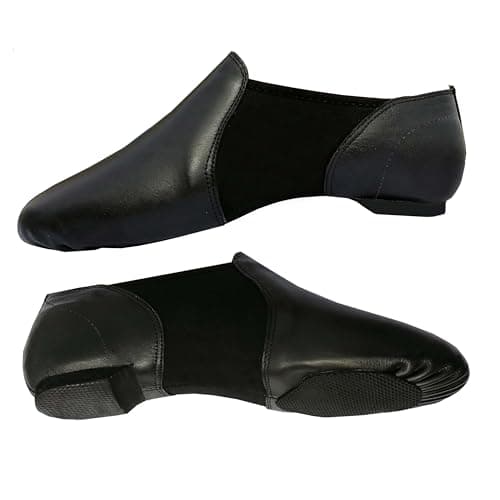 Image of Slip On Jazz Dance Shoes - Pure Black Leather - Modern Stage Rubber Heel - Neoprene - Irish Dancing Pumps - Adults & Kids