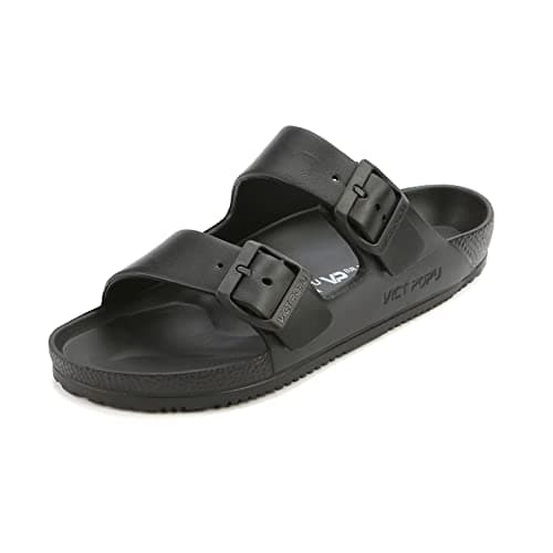 Image of VICT POPU Womens Sandals Open Toe Adjustable Double Buckle Strap Waterproof EVA Footbed Arch Support Mules Slides Black UK 8