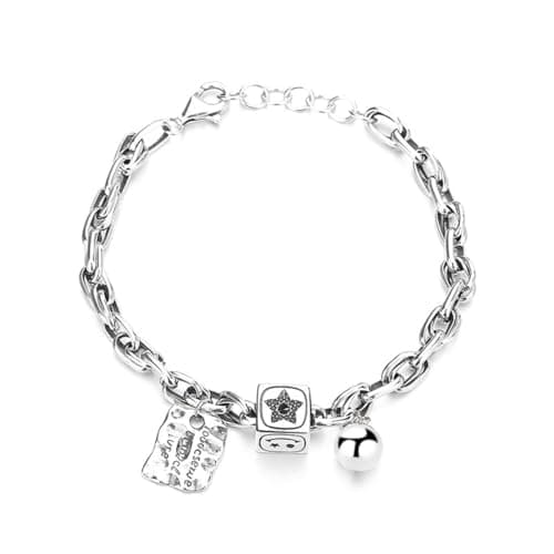 Image of TYMONT S925 Sterling Silver Vintage Lucky Smiley Face Orb Charm Creative Bracelet, Women's Personalised Temperament Sterling Silver Bracelet,Silver,18cm