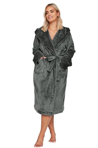 Image of Yours Curve Ribbed Trim Hooded Dressing Gown - Women's - Plus Size Curve