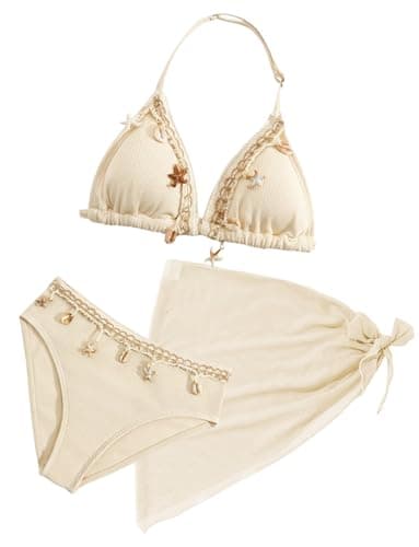 Image of Tween Girls Swimsuits 3 Piece Backless Halter Neck Triangle Bikini Sets with Chest Pad Size 12 Years Beachwear Beige