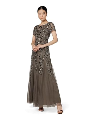Image of Adrianna Papell Women's Beaded Gown with Godets Special Occasion Dress, Lead, 14