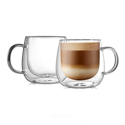 Image of CNGLASS Double Walled Glass Coffee Mugs 10oz(290ml),Clear Insulated Cappuccino Cups with Handle Set of 2, Glassware for Tea and Latte