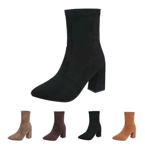 Image of UK 6 Block Heeled Ankle Boots for Women Suede Pointed Toe Pull on Ladies Ankle Boot Fall Winter Faux Suede Rouched Shoes Footwear Black