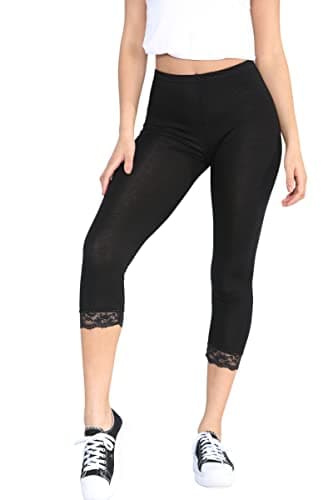 Image of STAR FASHION Womens Ladies ¾ Cropped Capri Lace Trim Leggings Stretchy Soft Tights Yoga Pants Elasticated Waist Shorts for Jogging Black 12-14