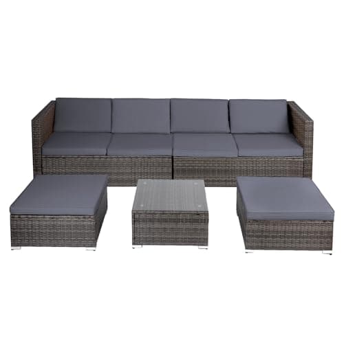 Image of Panana 6 Seater Rattan Garden Furniture Set, Wicker Patio Lounge Sofas with Table Stools Sectional Modular Combination for Conservatory Outdoor Balcony (Mixed Grey Rattan with Grey Cushions)