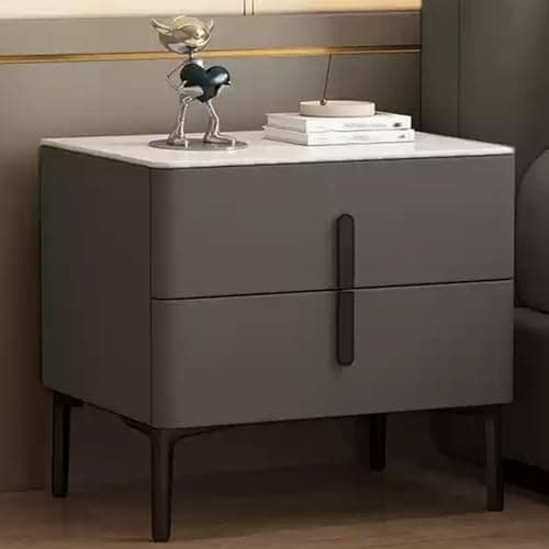 Image of Wooden Bedside Table with High Legs, Modern Nightstand with 2 Drawers, Easy to Clean Bed End Table with Rock Board Top, Leather Finish for Stylish Bedroom Decor