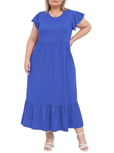 Image of Moon Wood Summer Dresses for Women Crew Neck Ruffle Sleeve Curvy Long Dress with Pockets Royal Blue XL