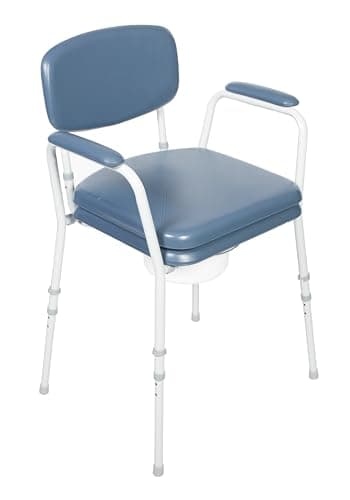 Image of NRS Dovedale Comfort Commode – Height Adjustable, Flat-Pack Design with Padded Seat, Arms & Backrest (Blue/White)