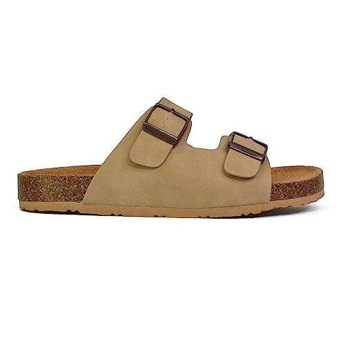 Image of ESSEX GLAM Womens Double Buckle Strap Flat Slider Ladies Casual Holiday Flip Flop Strappy Taupe Sandals Size 5