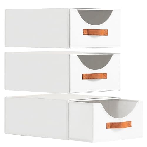 Image of Homsorout Large Stackable Storage Drawer - Fabric Pull-out Closet Shelf Organizer Foldable Wardroe Organiser Decorative Storage Boxes for Bedroom, Office, Dorm, 3 Pack, White