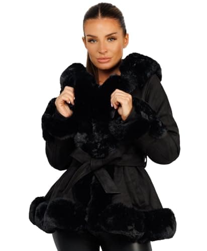 Image of Lexi Fashion Womens Ladies Winter Coat Faux Vegan Suede Leather Fur Trim Collar Hooded Lined Hem Cuff Warm Parka Belted Swing Jacket Black UK Size XS/06