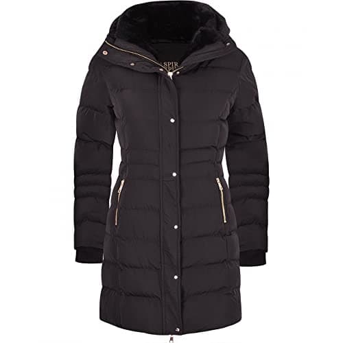 Image of Spindle Women’s Designer Winter Lined Parka Quilted Coat Fur Collar Hooded Long Ladies Womens Jacket (20, Black Gold Hooded)
