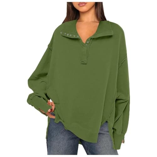 Image of Women's sweatshirt, women's sports jacket, lantern-sleeve, lapel collar, asymmetrical casual, loose fit, pullover, chic and elegant, solid colour, sportwear streetwear for autumn, Army Green, S