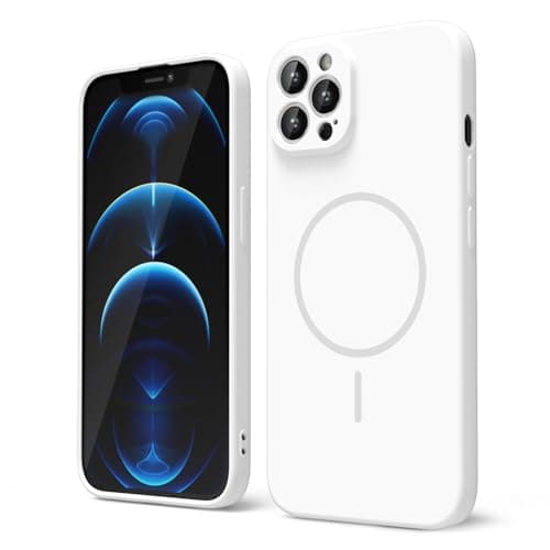 Image of oakxco for iPhone 12 Pro Max Case Silicone Mag Safe, Magnetic Slim Thin Phone Case Compatible with Magsafe, Women Girls Cute Girly Aesthetic Soft Rubber Gel Safecase with Camera Cover, White