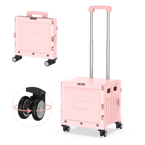 Image of Marketero Shopping Box Trolley on wheels Foldable 4 Wheels 360° Rotate Folding Teacher Trolley Car Heavy Duty 30kg Capacity & Telescopic Handle for Camping Shopping Moving Pink