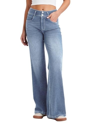 Image of LaiEr Women's Wide Leg Jeans with Double Row Button Zipper Placket Design, Straight Tube, Loose fit, Suitable for Casual, Yoga, Fitness High Elasticity Denim Pants.(Medium Light blueL)