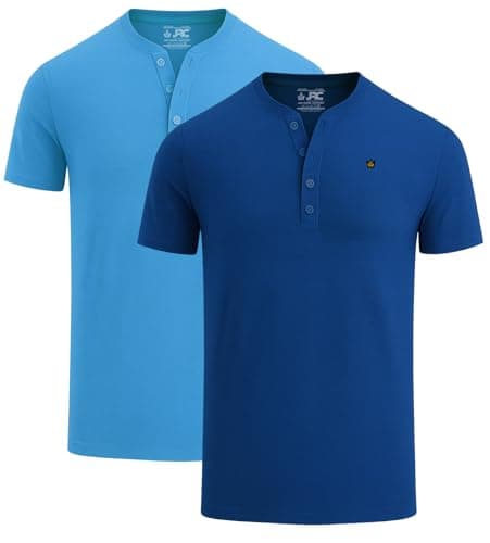 Image of JRC Just Royal Clothing 2 Pack Mens Short Sleeve Henley T-Shirts, Lightweight Henley Tops for Gym, Running & Casual Outings (Light Blue, Dark Blue, L)