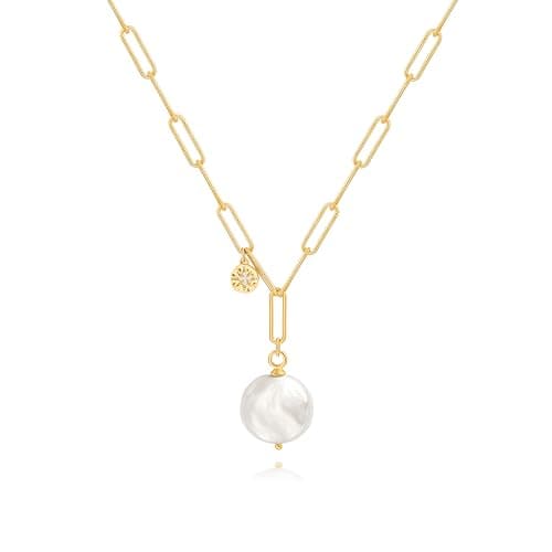 Image of KOOUNUATA Flat Coin Pearl Pendant Necklace 18k Gold Paperclip Chain Necklace Dainty Star Charm Necklace