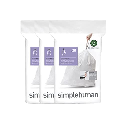 Image of simplehuman CW0252 code C Custom Fit Bin Liner Bulk Pack, White Plastic (3 Pack of 20, Total 60 Liners)