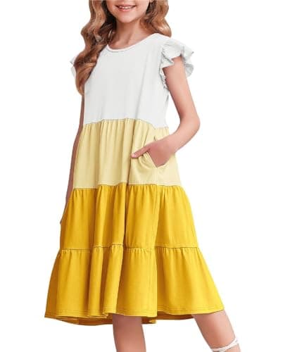 Image of Arshiner Girls Dresses Ruffle Sleeves Summer Kids Cotton Casual Dress Round Neck Sleeveless Party Swing Festive Dress for Girls 12-13 Years Yellow