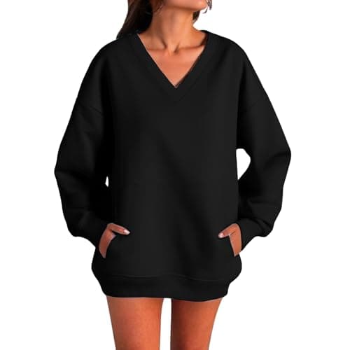 Image of Cocila Sweatshirts for Women Uk Long Sleeve Tops V Neck Pullover with Pockets Autumn Winter Windproof Warm Solid Color Soft Comfy Sportwear Jumpers Black 3XL