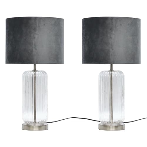 Image of firstchoicelighting Set of 2 Ribbed Glass Brushed Chrome Table Lamps or Bedside Lights, Cear Glass with Grey Velvet Shade, Height 49cm.