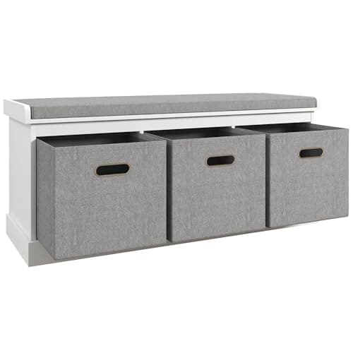 Image of HOMCOM Shoe Bench with 3 Fabric Baskets, Shoe Storage Bench with Seat Cushion, Shoe Cabinet for Entryway, Hallway, Living Room, Bedroom, White