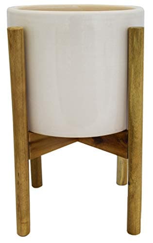 Image of Ivyline Anzio Stone White Planter with Wooden Stand - Stylish, Waterproof & Durable - Decorative Glazed Indoor Ceramic Flower Pot - H38.5cm x D24cm