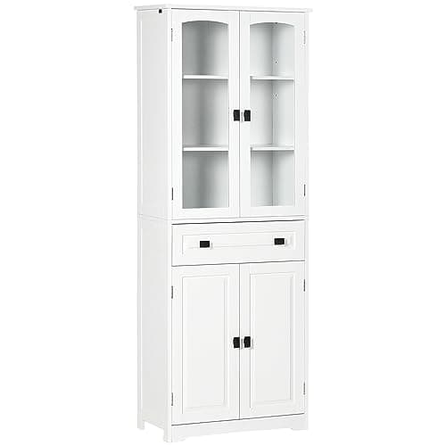 Image of HOMCOM Kitchen Cupboard, Freestanding Storage Cabinet with 2 Adjustable Shelves, Drawer and Glass Door for Living Room, Dining Room, 160cm, White
