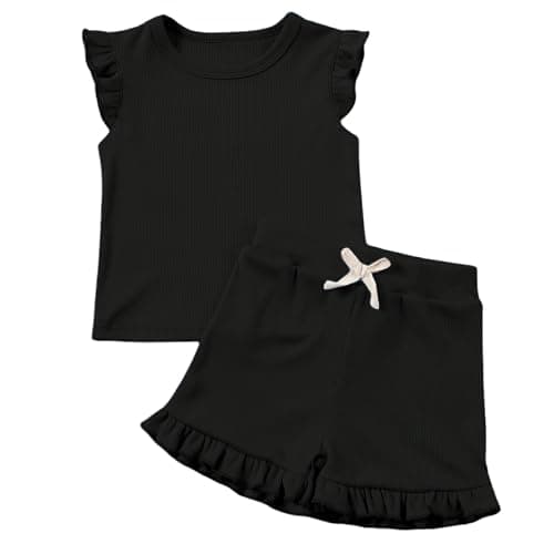 Image of KISLOVE Baby Girls Summer Clothes Ribbed Ruffle T-shirt with Shorts Set Kids Flare Sleeve Toddler Outfit 2 Piece Clothes for Little Girls, Black 5-6 Years