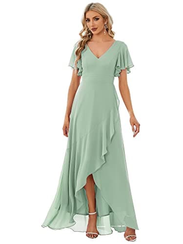 Image of Ever-Pretty Women Chiffon V Neck Short Sleeves Asymmetrical Bridesmaid Dress Mint Green 16