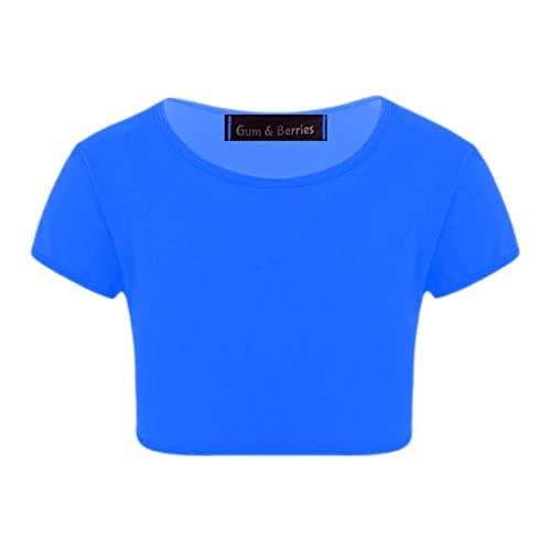 Image of Kids Girls Neon Fluorescent Plain Short Sleeve Crop Tops T-Shirt Tee Top Dance Wear Gymnastic Fancy Dress Colour: Royal Blue - Size: 11-12 Years