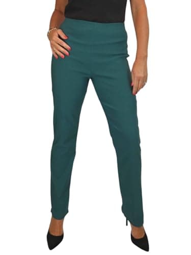 Image of Paulo Due Women's Elasticated Waist Trousers Pull On High Waist Straight Leg Trousers Evening Day Office Work Bottle Green 8-22 (14)