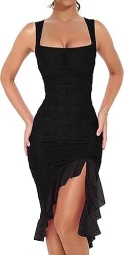 Image of MeeQee Womens Sexy Midi Dress Sleeveless Ruched Bodycon Dresses Sexy Square Neck Cami Dress Elegant Split Ruffle Hem Tulle Dress for Party Cocktail Night Out Clubwear Black