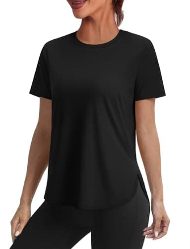 Image of Aokosor Gym Tops for Women UK Loose Fit Casual Lightweight Summer Tee Shirts Workout Quick Dry Clothes Soft Stretchy Active Wear Black Size 22-24