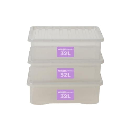 Image of Wham Crystal Plastic Storage Boxes With Lids Home Office Stackable Nestable Container Box, 32L Easy fit Underbed Protective Storage Box, 60 x 40 x 18 cm - Tint Grey (Set of 3)