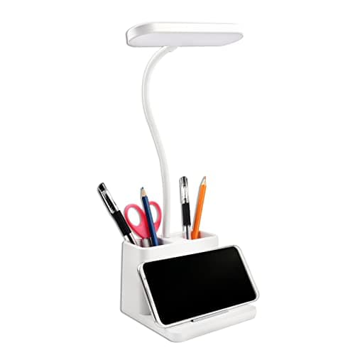 Image of SCNNC LED Desk Lamp 5W White with Phone & Pen Holder, 3 Modes and 3 Brightness Dimmable, LED Touch USB Rechargeable Bedroom Table Light, Portable Desk Lamp for Home Office Work Study
