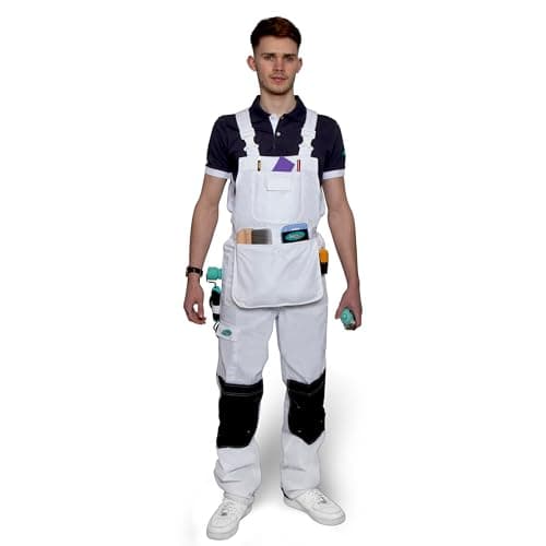 Image of Axus Decor Bib & Brace Overalls, Triple Stitched, White Decorators Overalls - Shrink Resistant & Comfortable Fabric, Multiple Pockets – Ideal for Painter & Other Workwear - Small