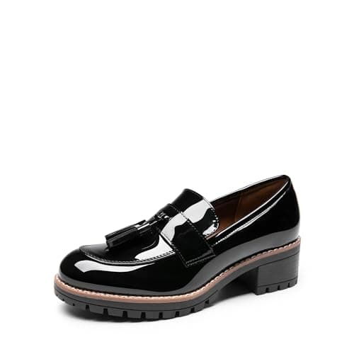 Image of DREAM PAIRS Womens Loafers, Slip On Platform Chunky Penny Heeled Lug Sole Loafers for Women Dressy and Work, Business Casual Shoes for Women,Size 5,Black-Pat,SDLS2404W