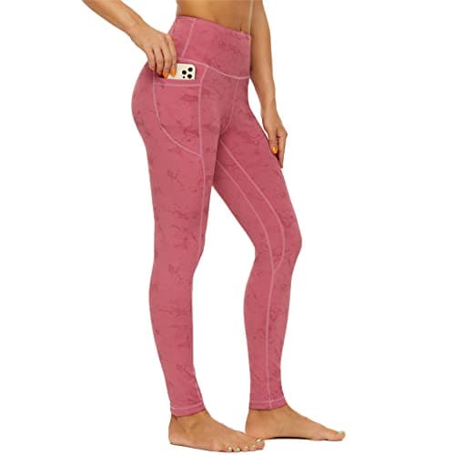 Image of AMYTIS High Waisted Gym Leggings for Women UK,Stretch Soft Yoga Pants for Women, Tummy Control Workout Sports Exercise Running Leggings with Pockets Pink Red